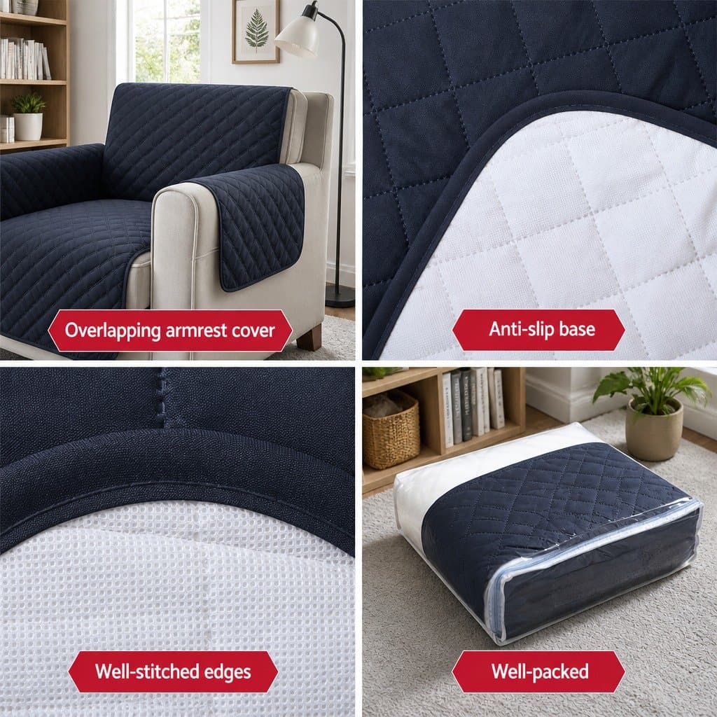 Sofa Cover 3 Seater Quilted Dark Grey Couch Protector Anti-Slip Machine Washable