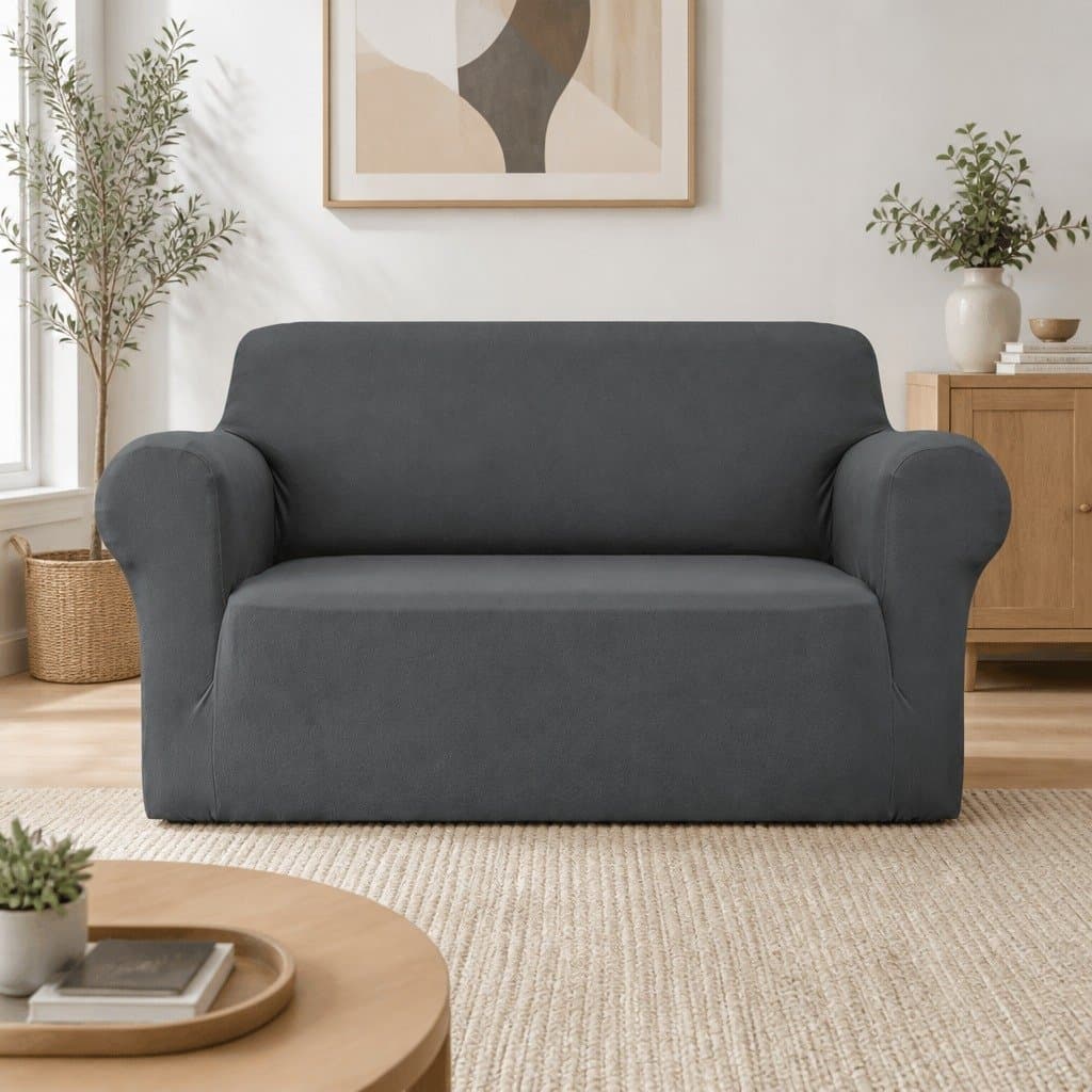 2 Seater Grey Sofa Cover with Anti-Slip Strips