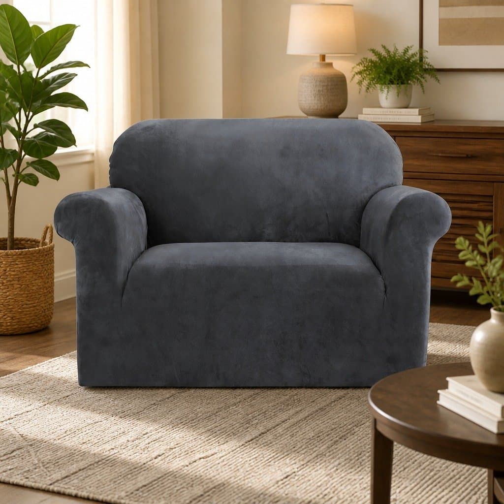 Grey Velvet Stretch Sofa Cover for 1 Seater Couch
