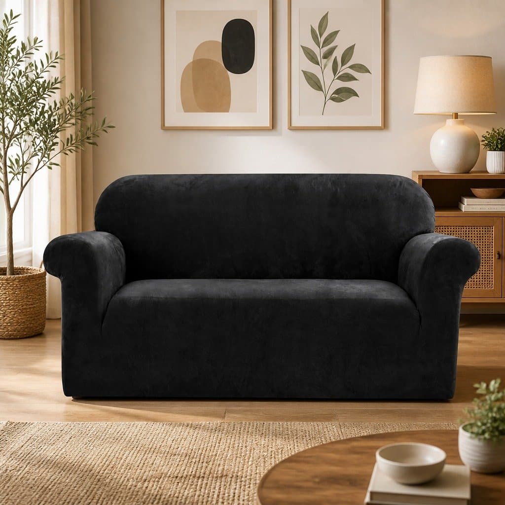 2 Seater Sofa Cover Velvet Stretch Couch Protector Washable Furniture Black