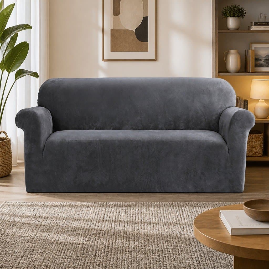 Grey Velvet Stretch Cover for 3-Seater Sofa Protection