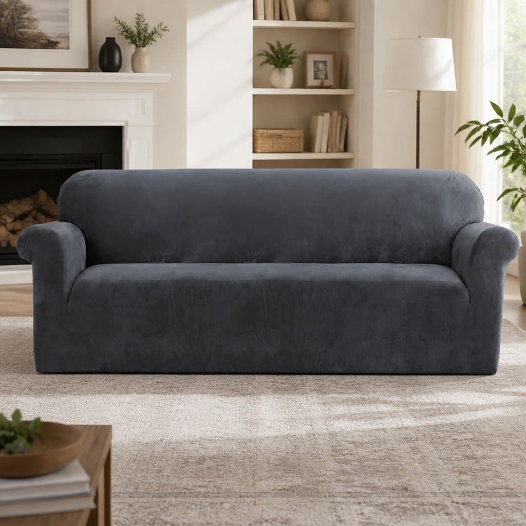 Grey Velvet Sofa Cover for 4-Seater Couches