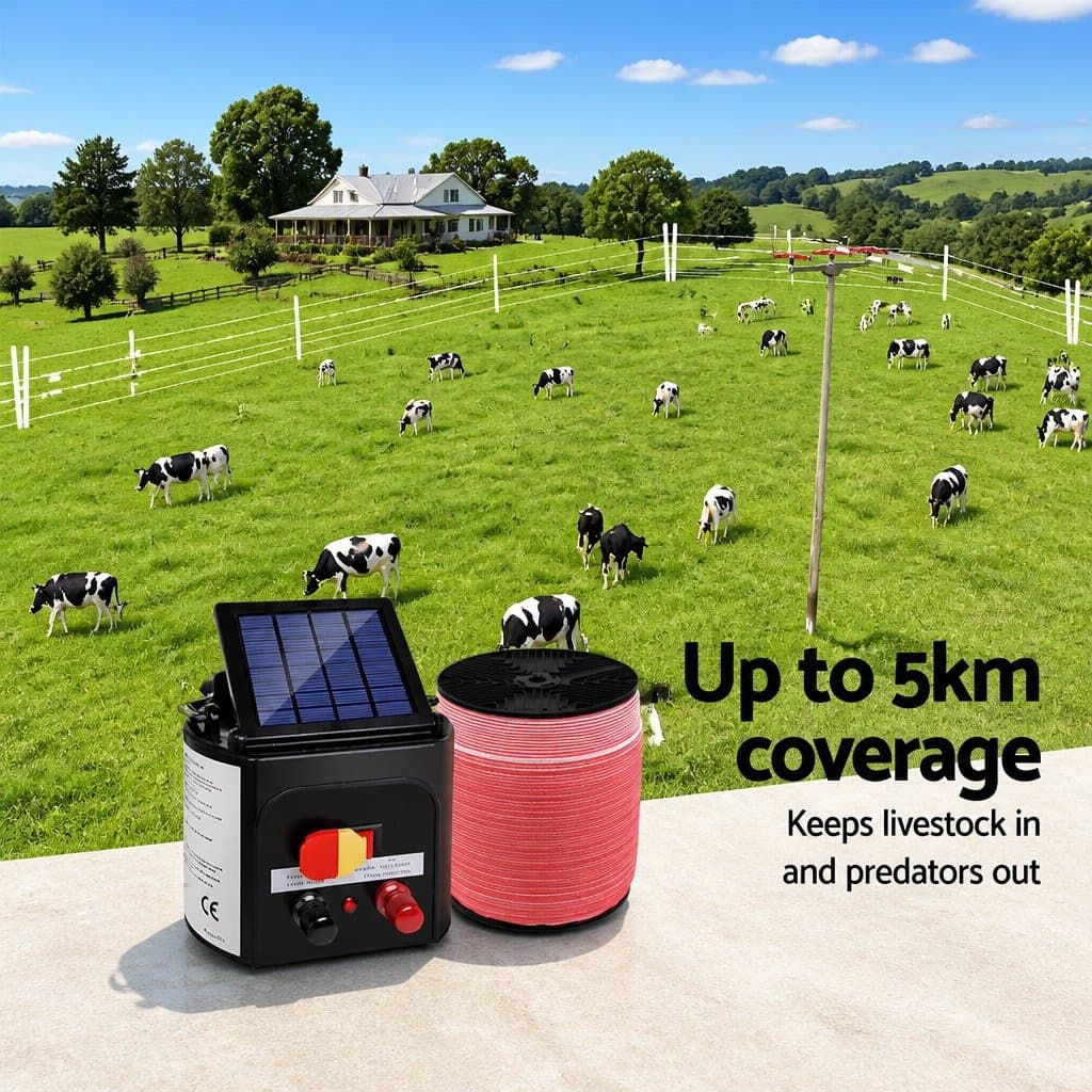 Solar Electric Fence Energiser 5KM Livestock Fencing Charger with 1200M Poly