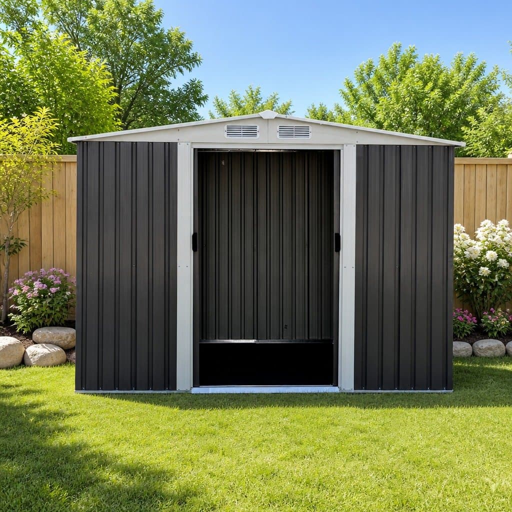 Black Metal Garden Shed with Sliding Doors 2.58x2.07M