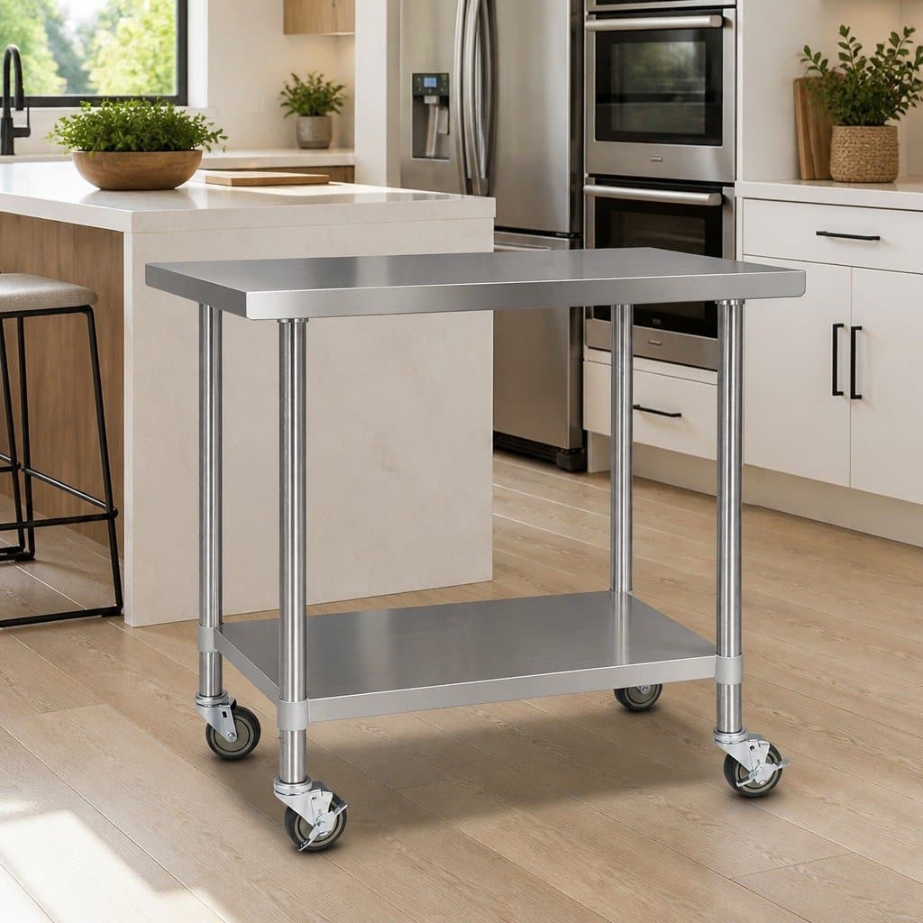 Stainless Steel Kitchen Bench with Lockable Wheels