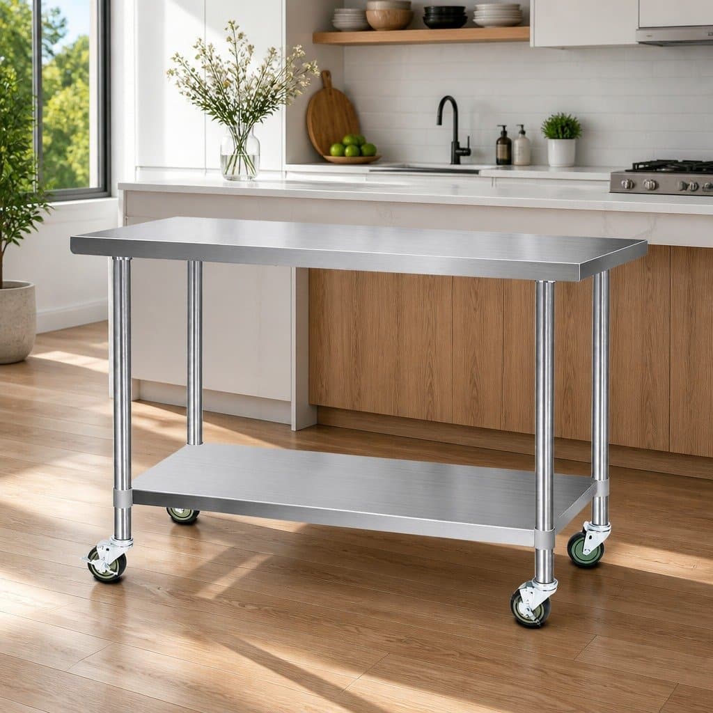 Stainless Steel Kitchen Bench on Wheels with Adjustable Shelf
