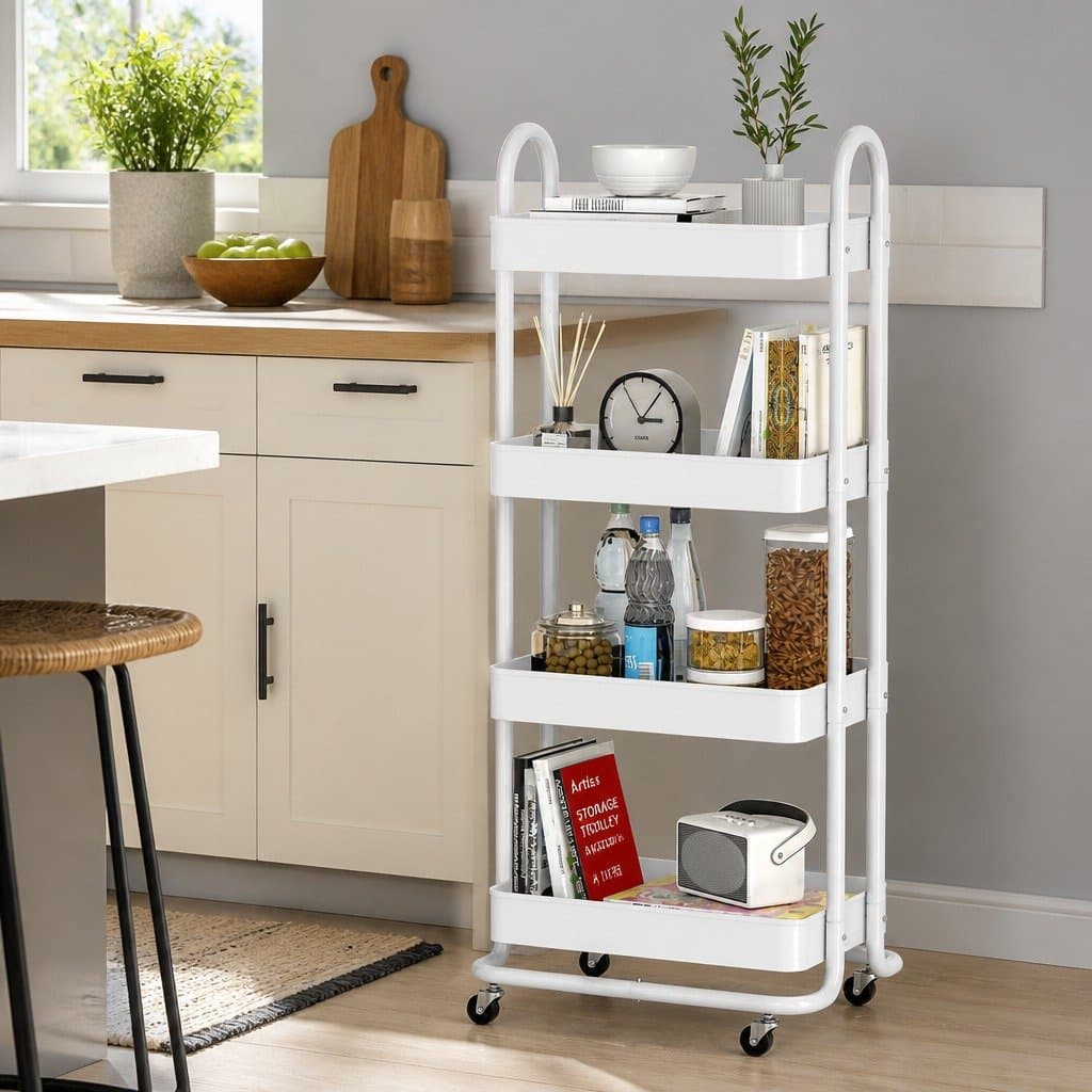 4-Tier White Storage Trolley with Lockable Wheels
