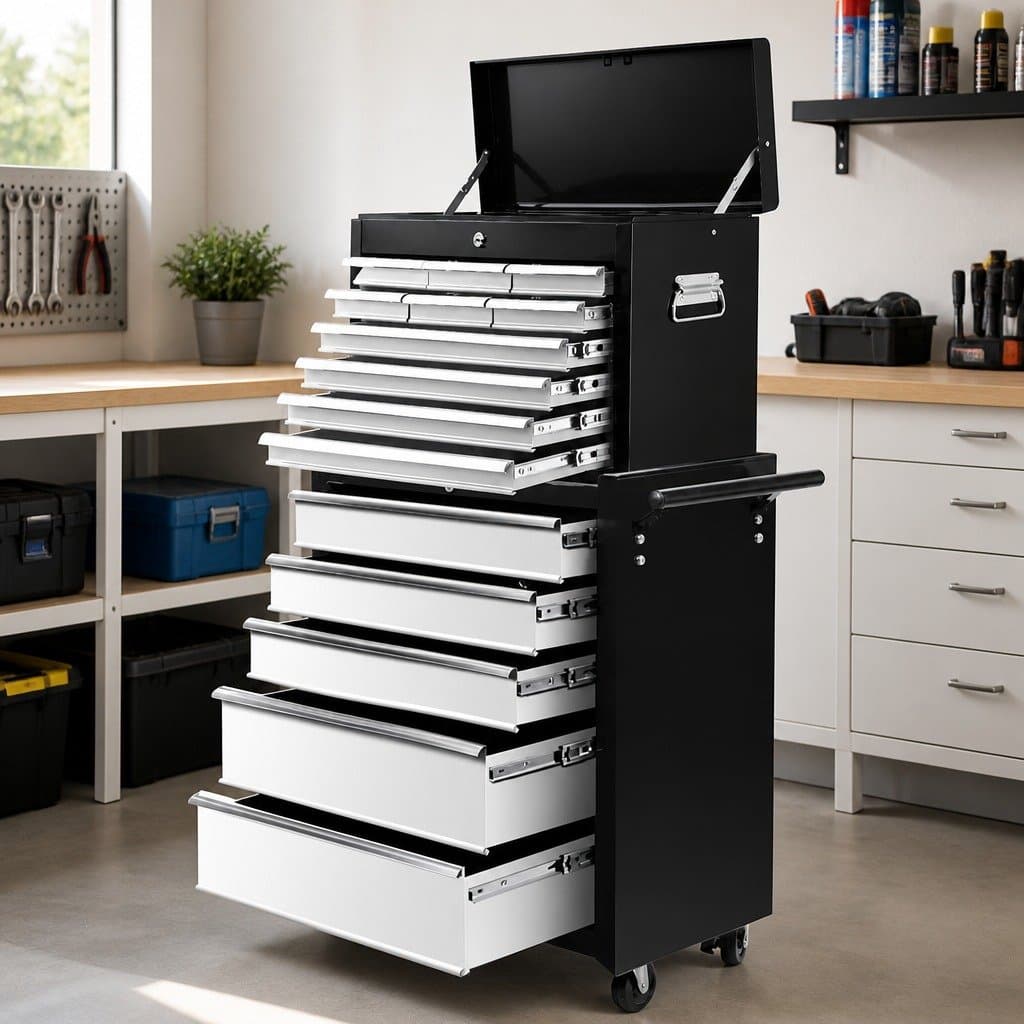 15 Drawer Tool Chest Trolley 2-in-1 Storage Cabinet Workshop Organizer Black