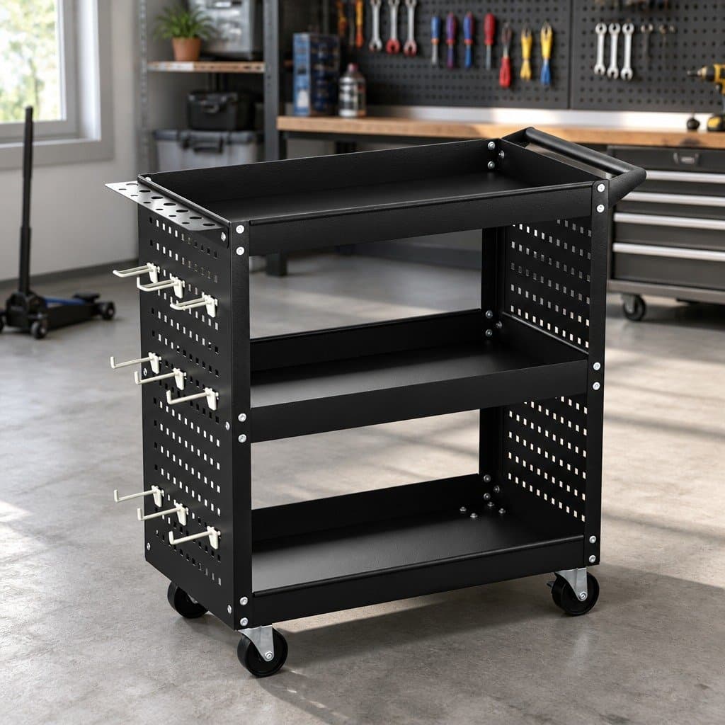 3-Tier Tool Cart with Pegboard and Wheels