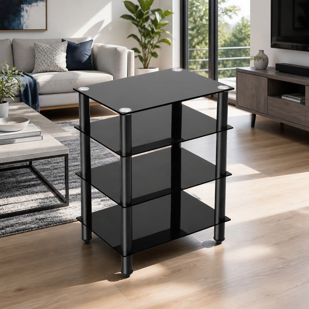 4-Tier Black Glass Media Stand for AV Equipment