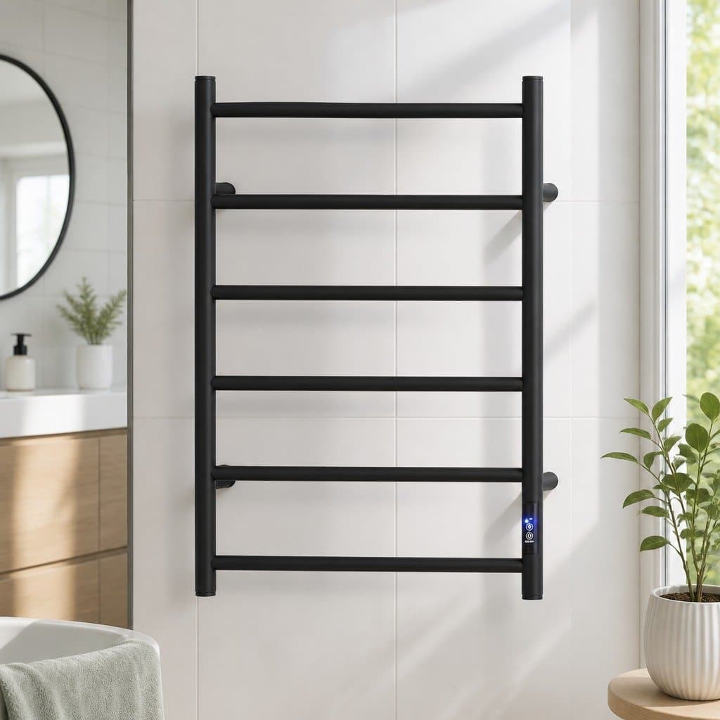 Black Heated Towel Rail with 6 Round Bars and Timer