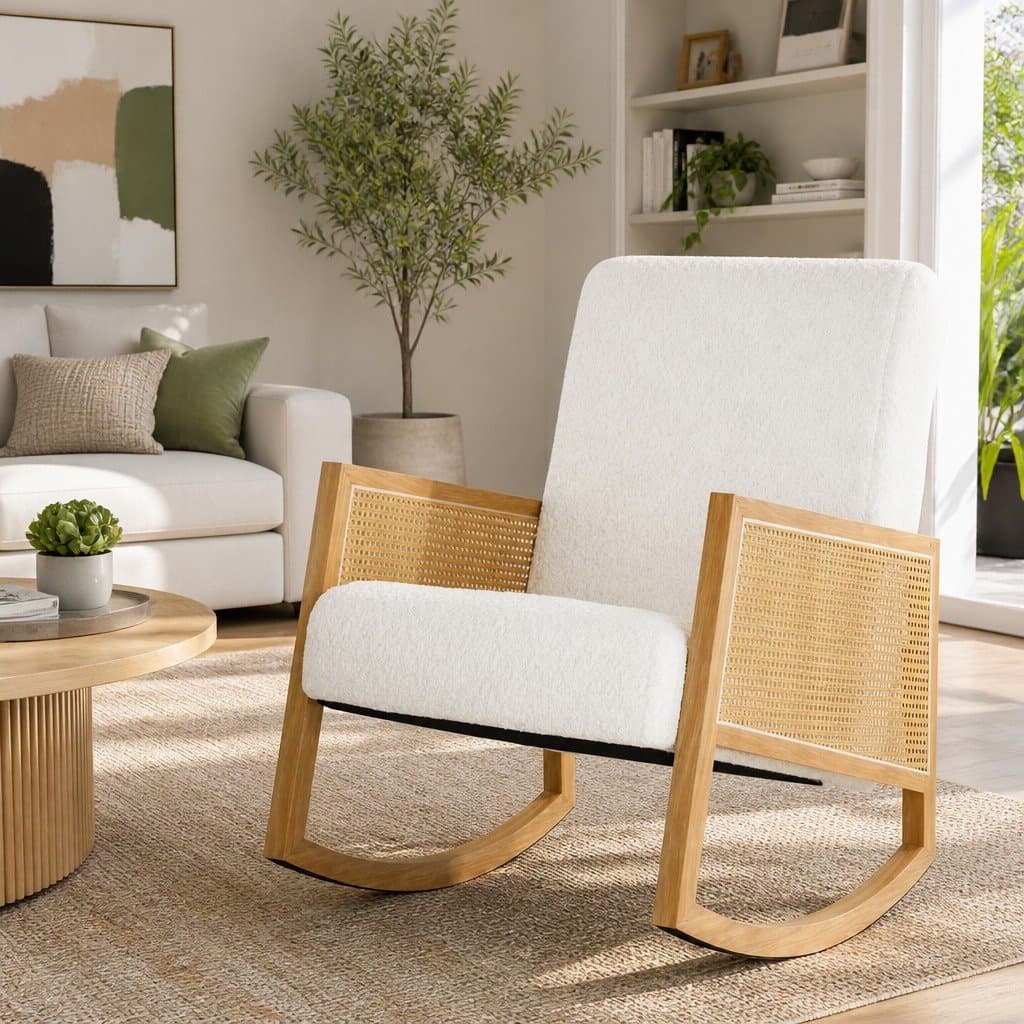 White Rocking Chair with Rattan Armrests