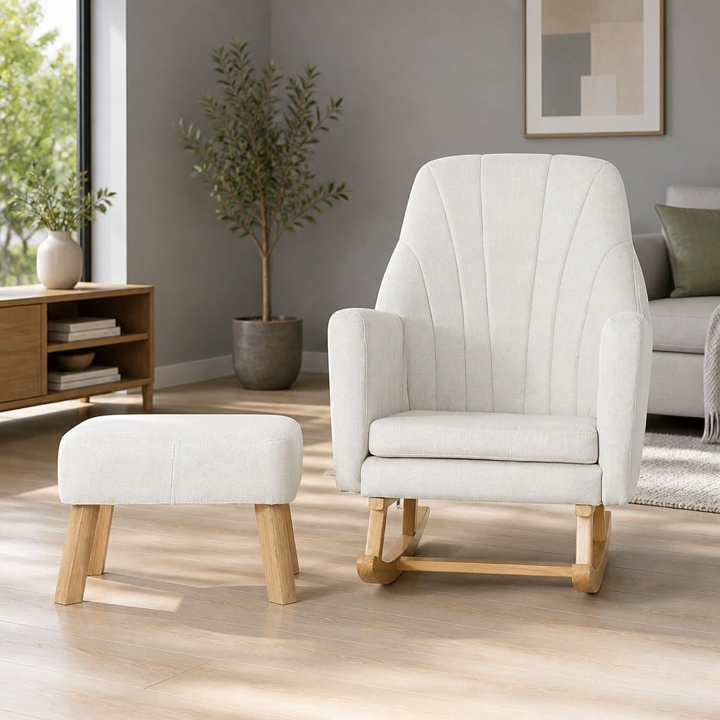 Beige Linen Rocking Chair with Footrest for Comfort