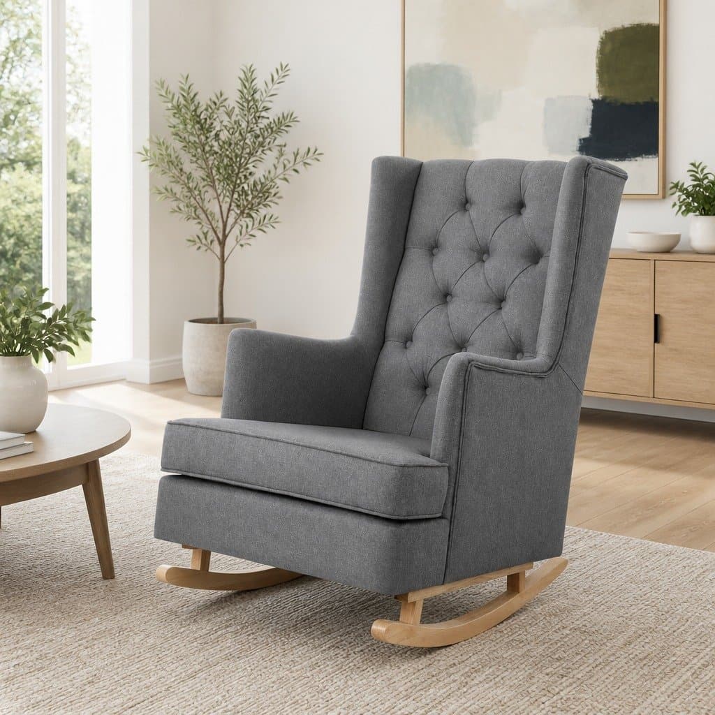 Grey Wingback Rocking Armchair Convertible Linen Fabric