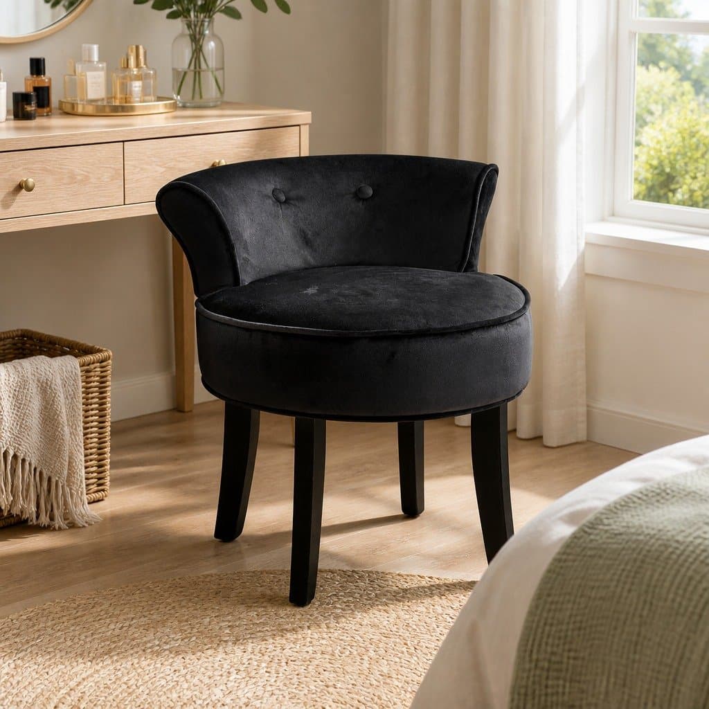 Black Velvet Vanity Stool with Tufted Backrest
