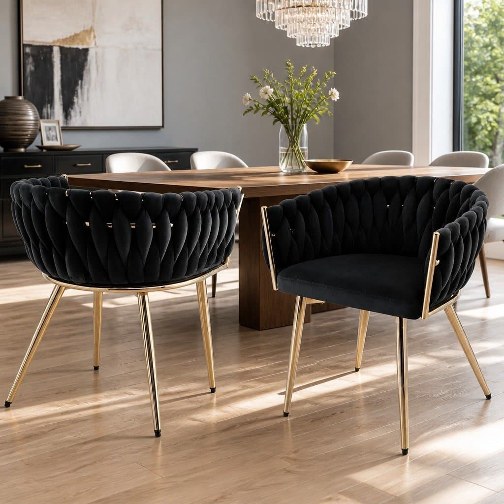 Set of 2 Black Velvet Dining Chairs with Armrests