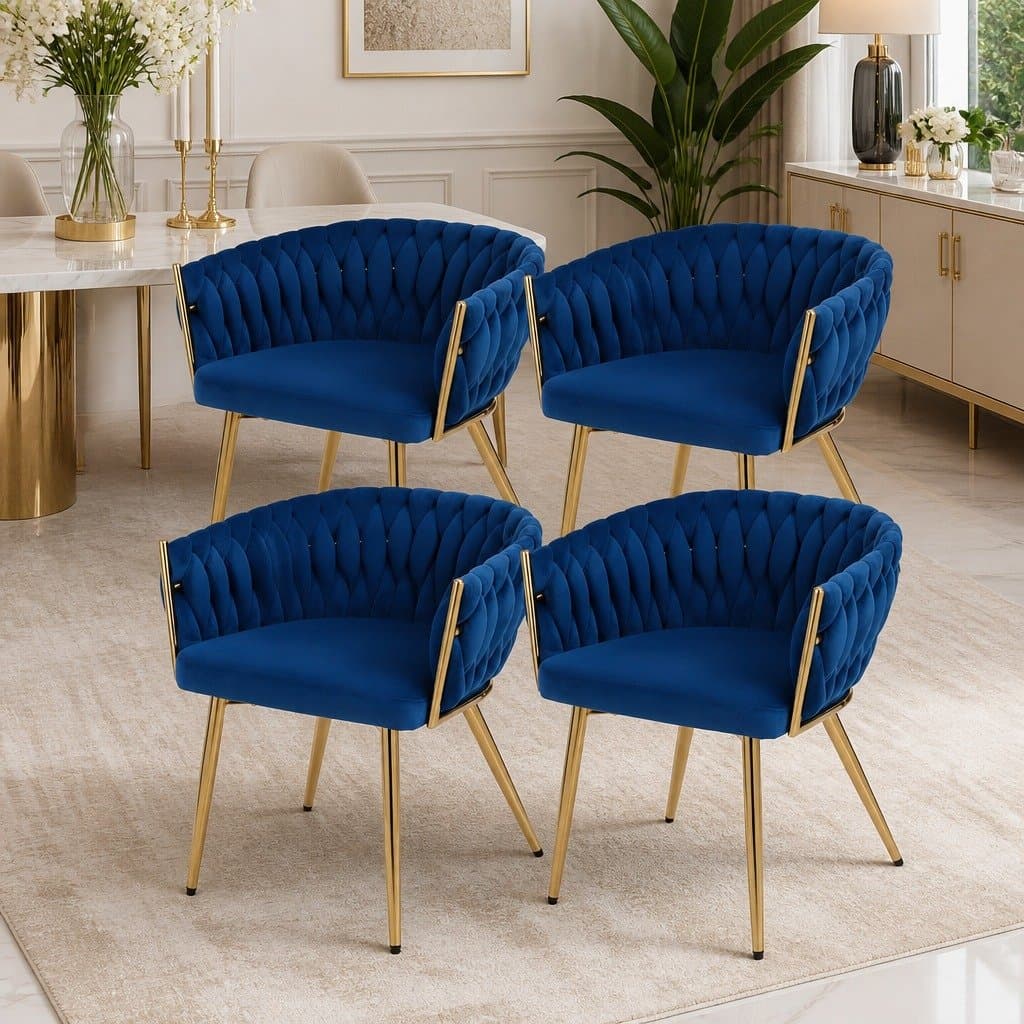 Set of 4 Blue Velvet Dining Chairs with Hand-Woven Backrest