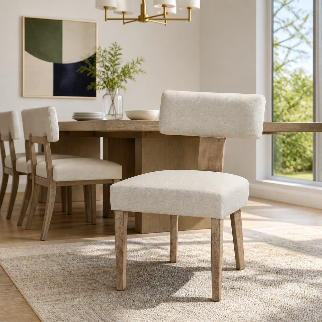 Beige Linen Dining Chairs Set of 4 with Wooden Frame