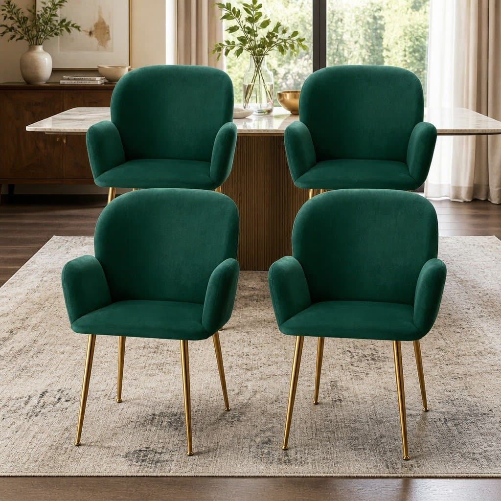 Set of 4 Green Velvet Dining Chairs with Armrests