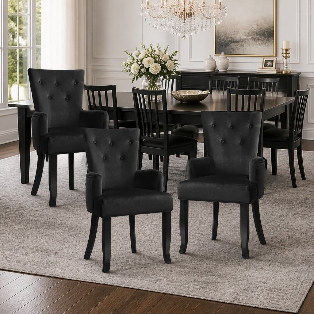 4x Dining Chairs Velvet Armchair French Provincial Tufted Button Black