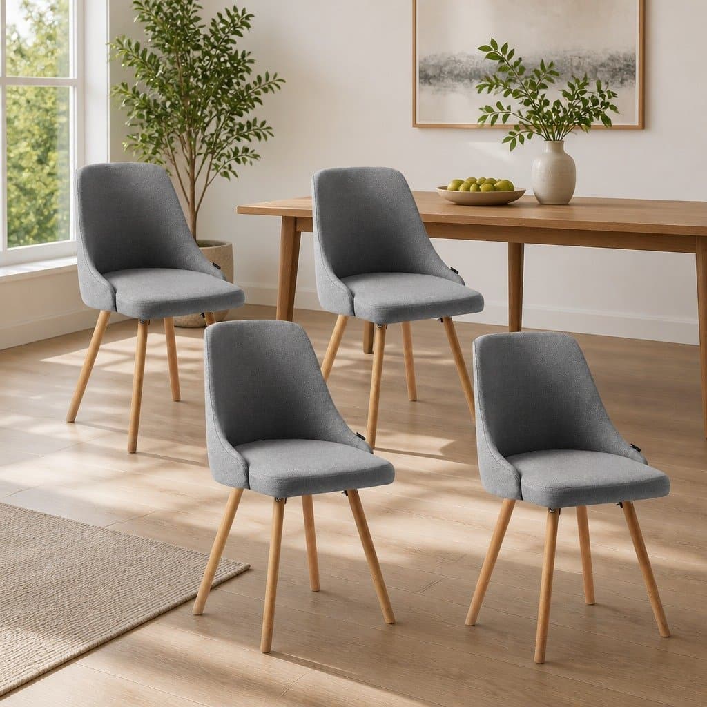 Set of 4 Grey Fabric Dining Chairs with Wooden Frames
