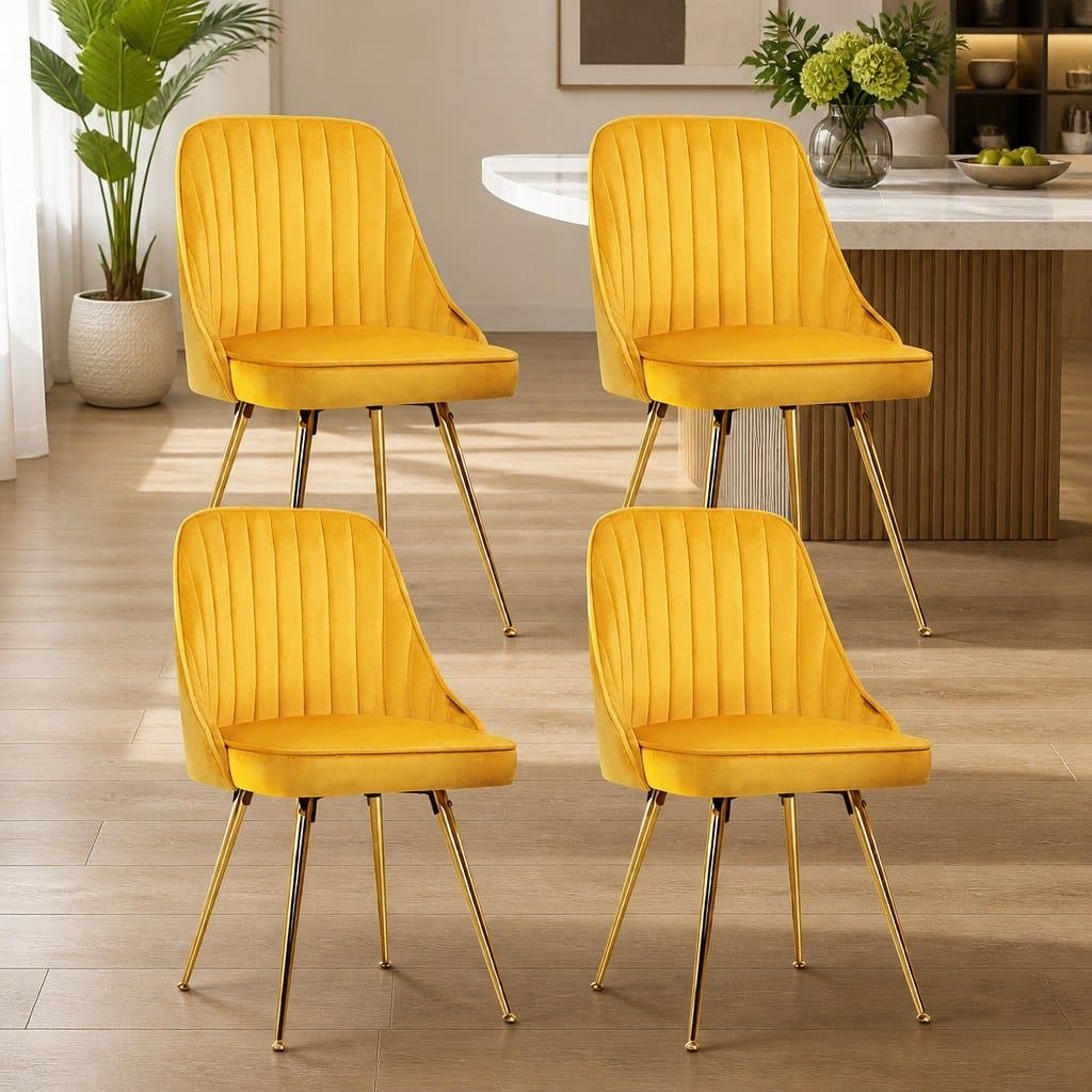 Velvet Channel Tufted Yellow Dining Chairs Set