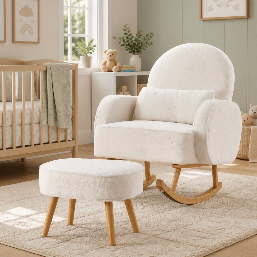 Boucle Upholstered Armchair Rocking Chair and Ottoman Set
