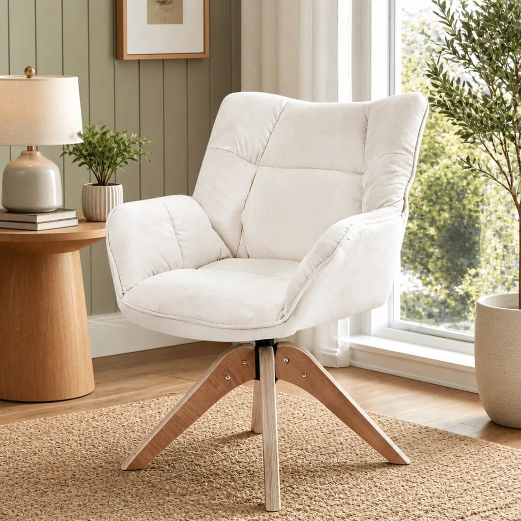 White Velvet Swivel Armchair with 360-Degree Base