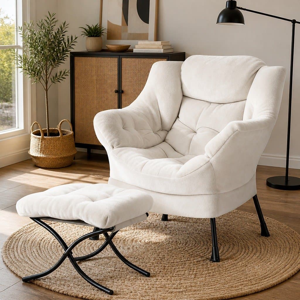 Velvet Armchair and Ottoman Set in Beige