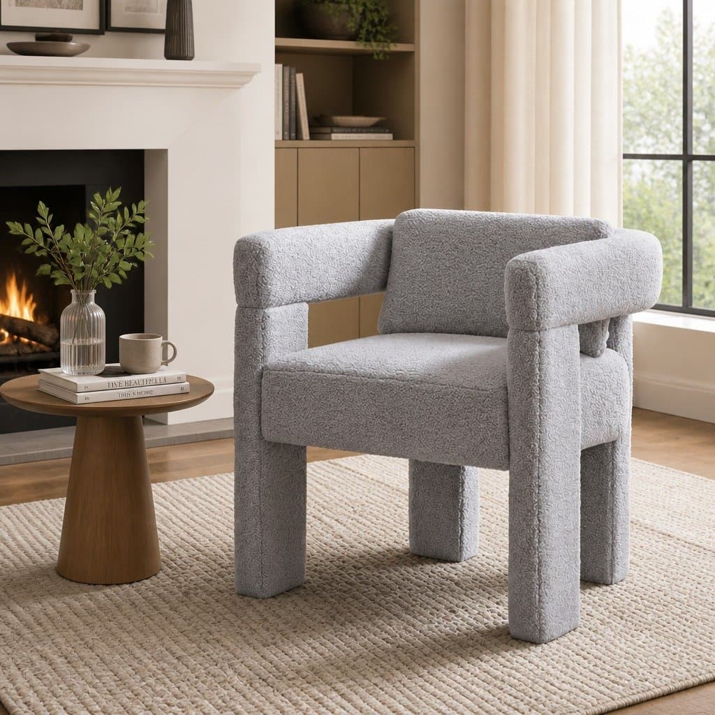 Grey Boucle Fabric Accent Armchair with Cushion