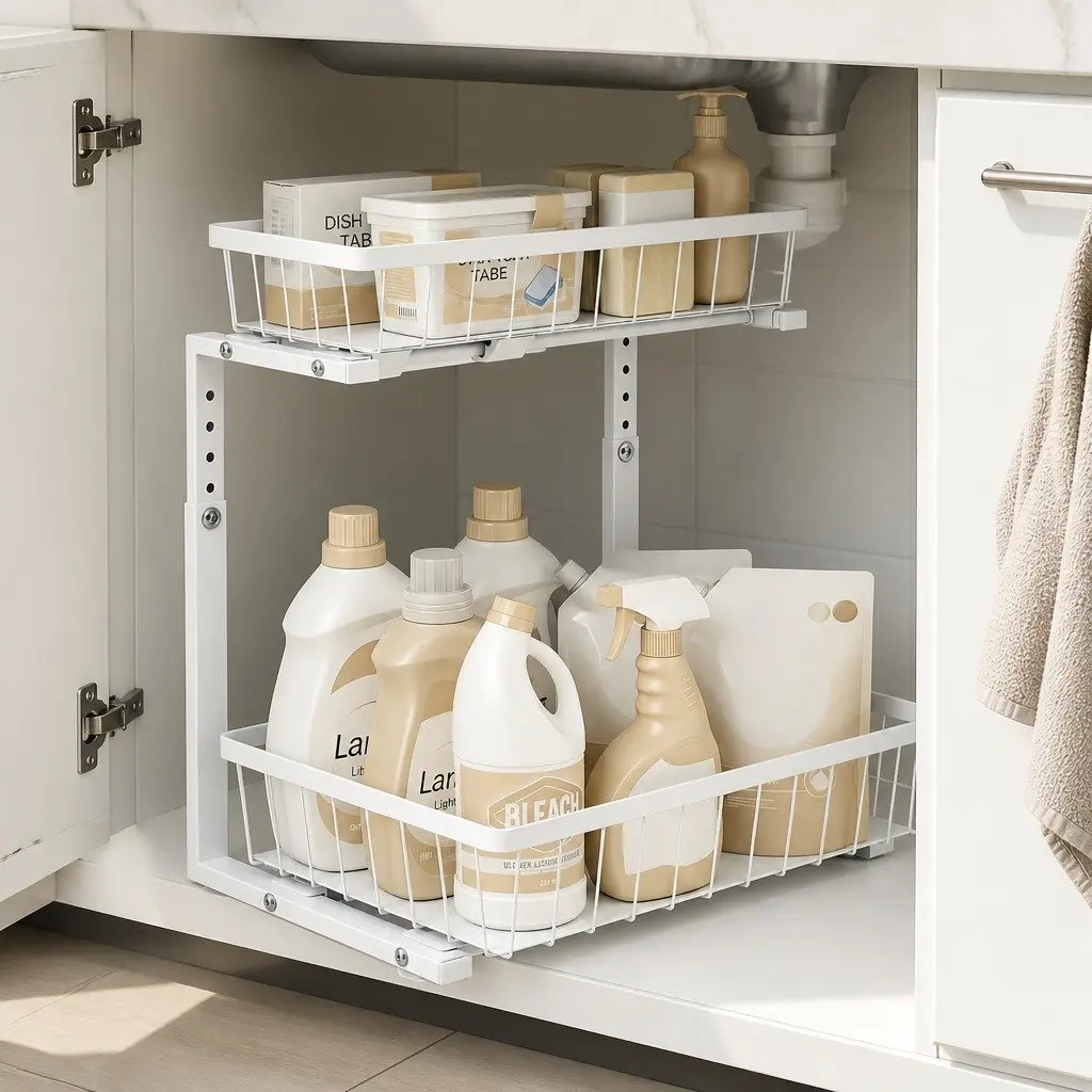 Under Sink Organizer with Adjustable Height Drawers