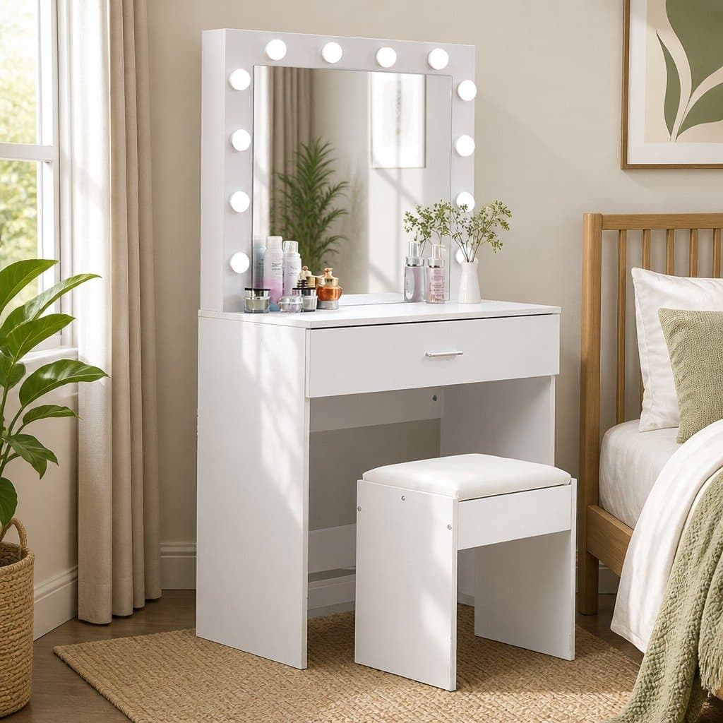Dressing Table Set with LED Mirror and Padded Stool