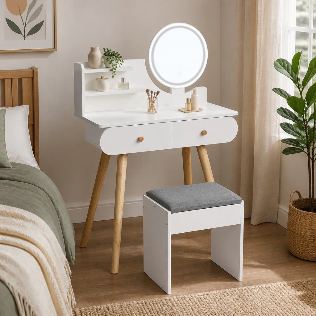 Dressing Table with LED Mirror and Padded Stool
