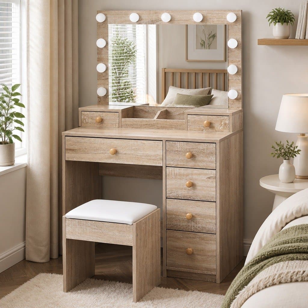 LED Makeup Vanity Table with Stool and Storage