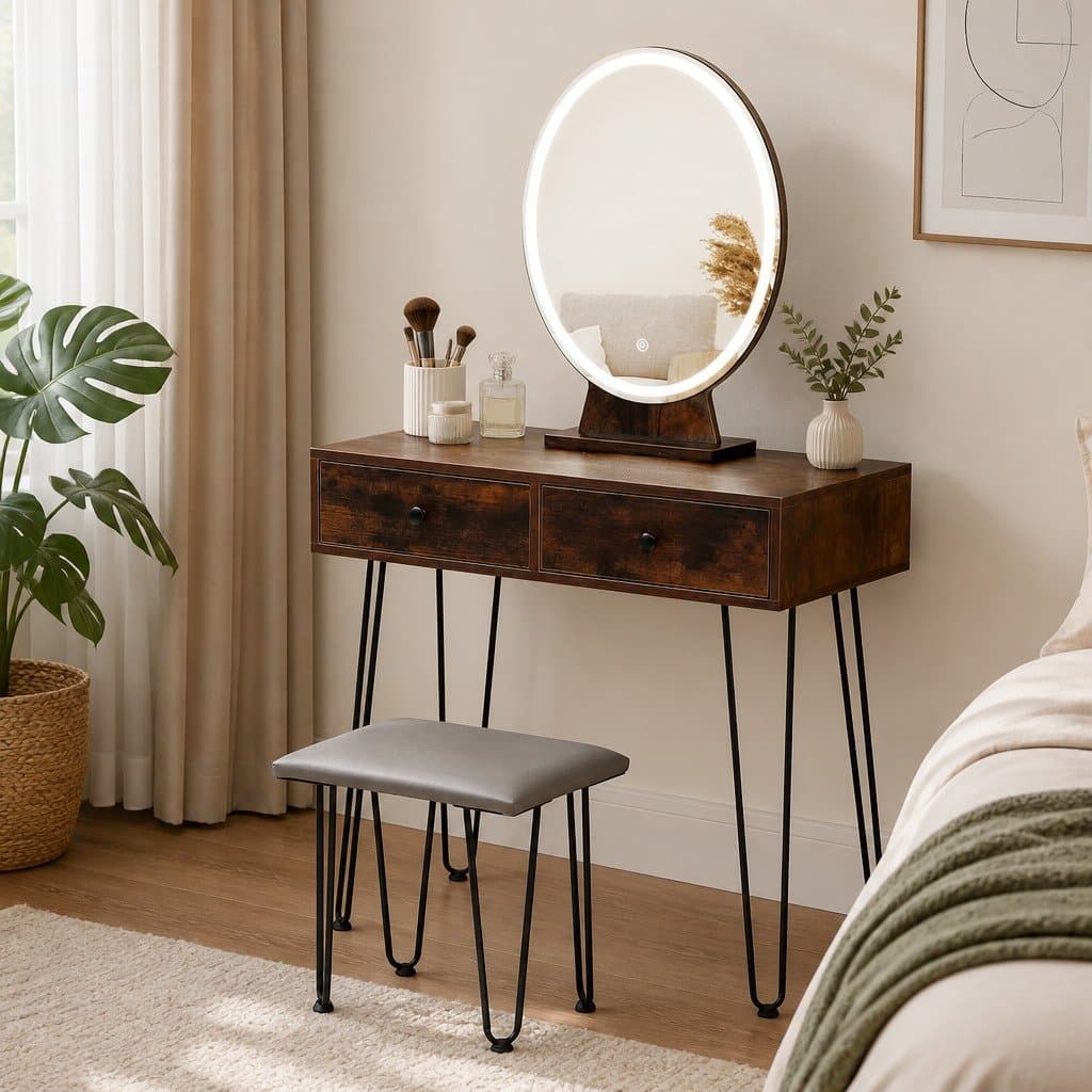LED Light Strip Mirror Vanity Makeup Dressing Table with Stool