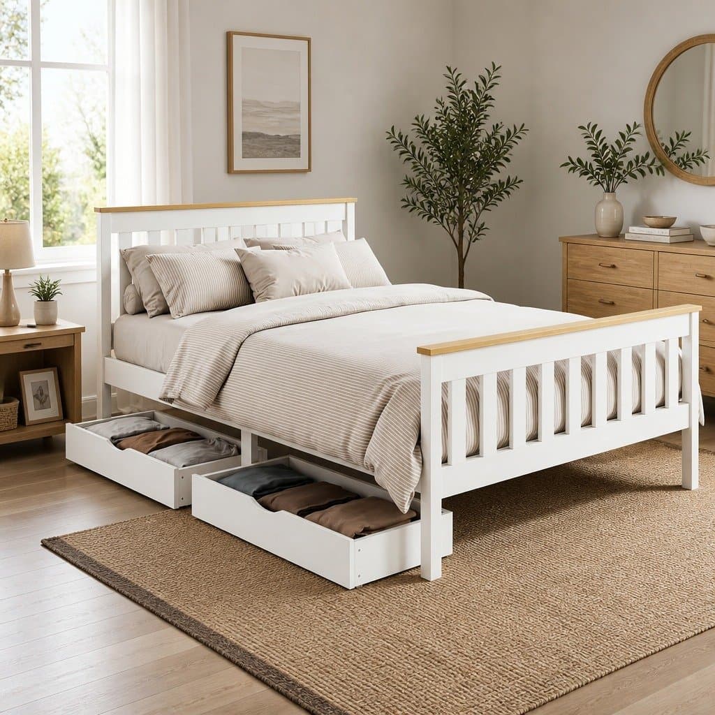 Wooden Platform Bed Frame with Storage Drawers in White