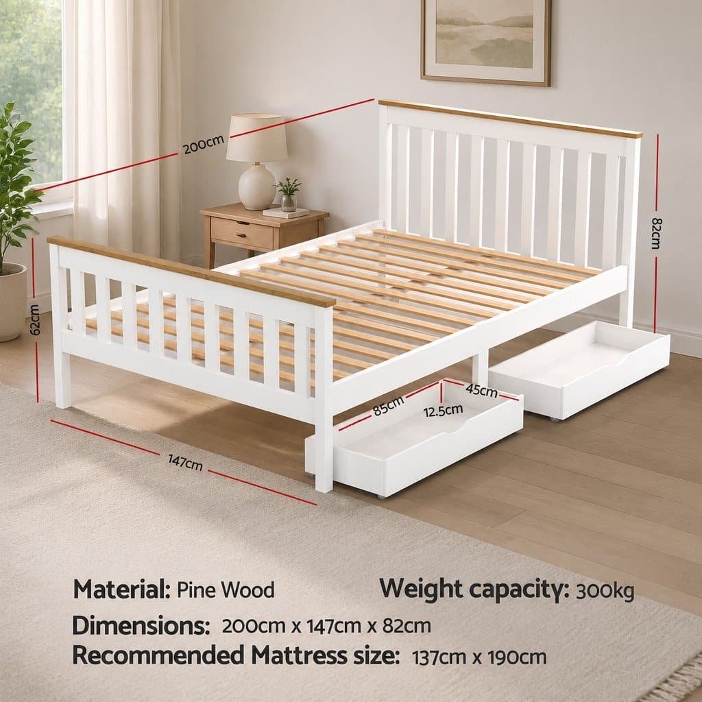 Wooden Platform Bed Frame with Storage Drawers in White