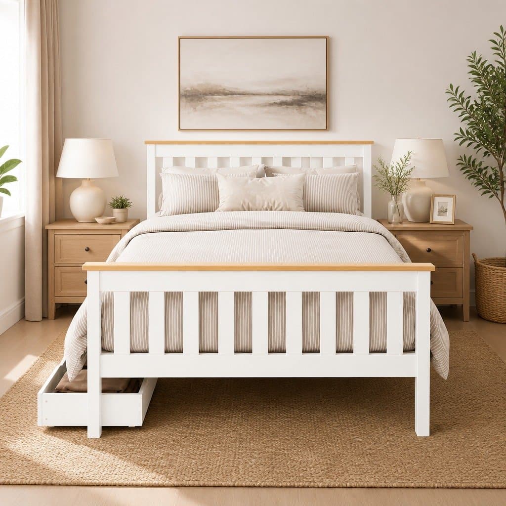 Wooden Platform Bed Frame with Storage Drawers in White