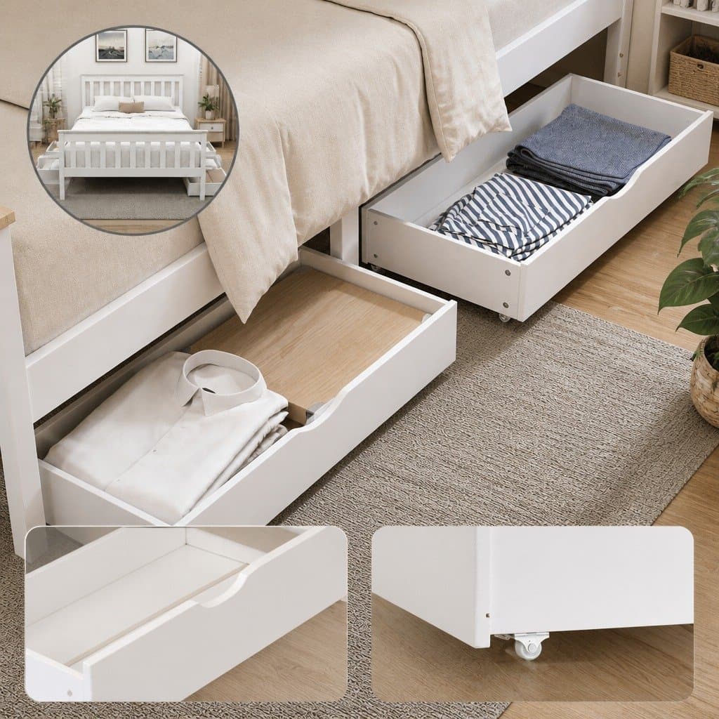 Wooden Platform Bed Frame with Storage Drawers in White