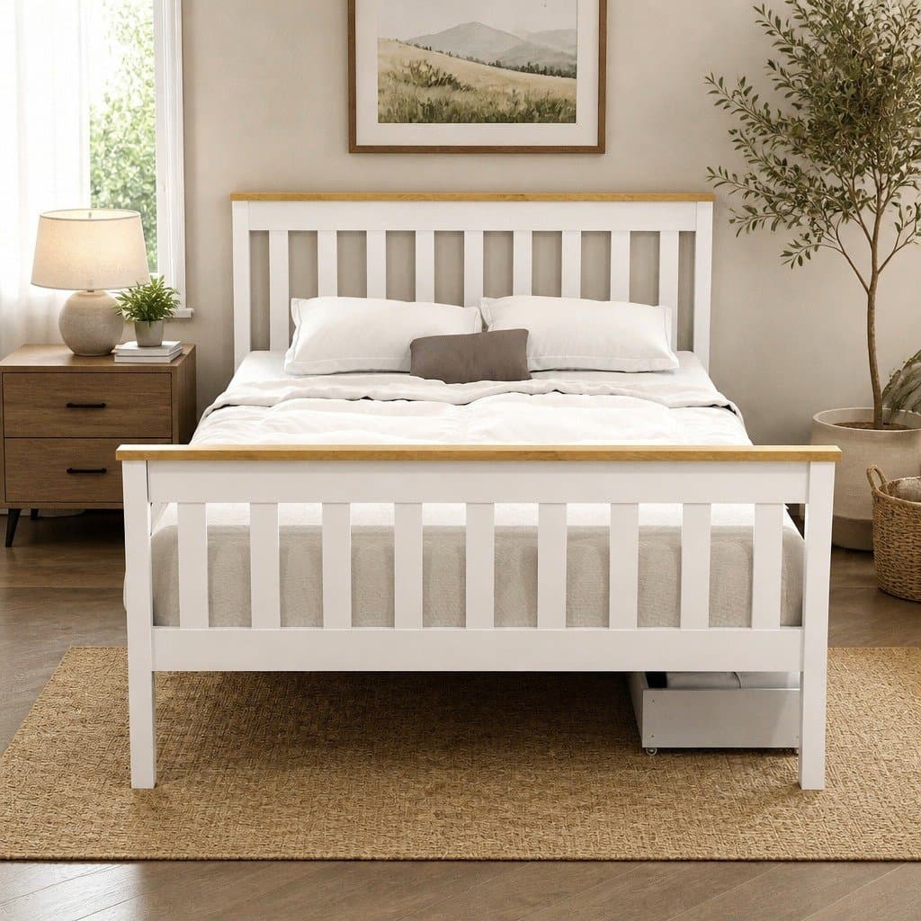 Wooden Platform Bed Frame with Storage Drawers in White