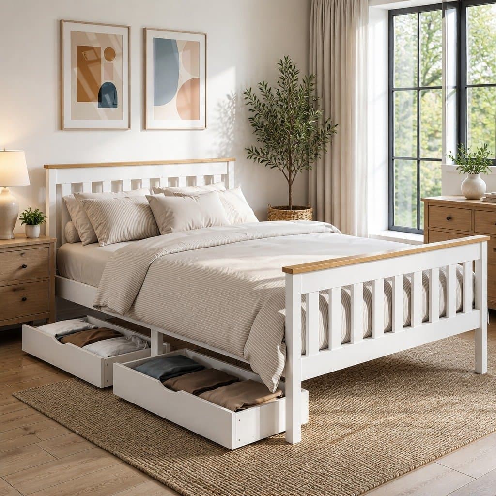 Wooden Platform Bed Frame with Storage Drawers in White