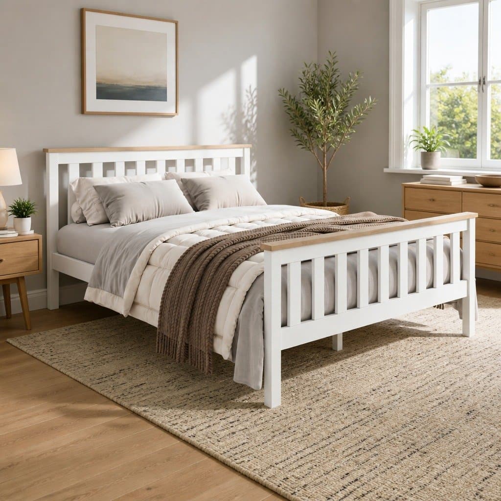 White Wooden Double Bed Frame with Slat Base