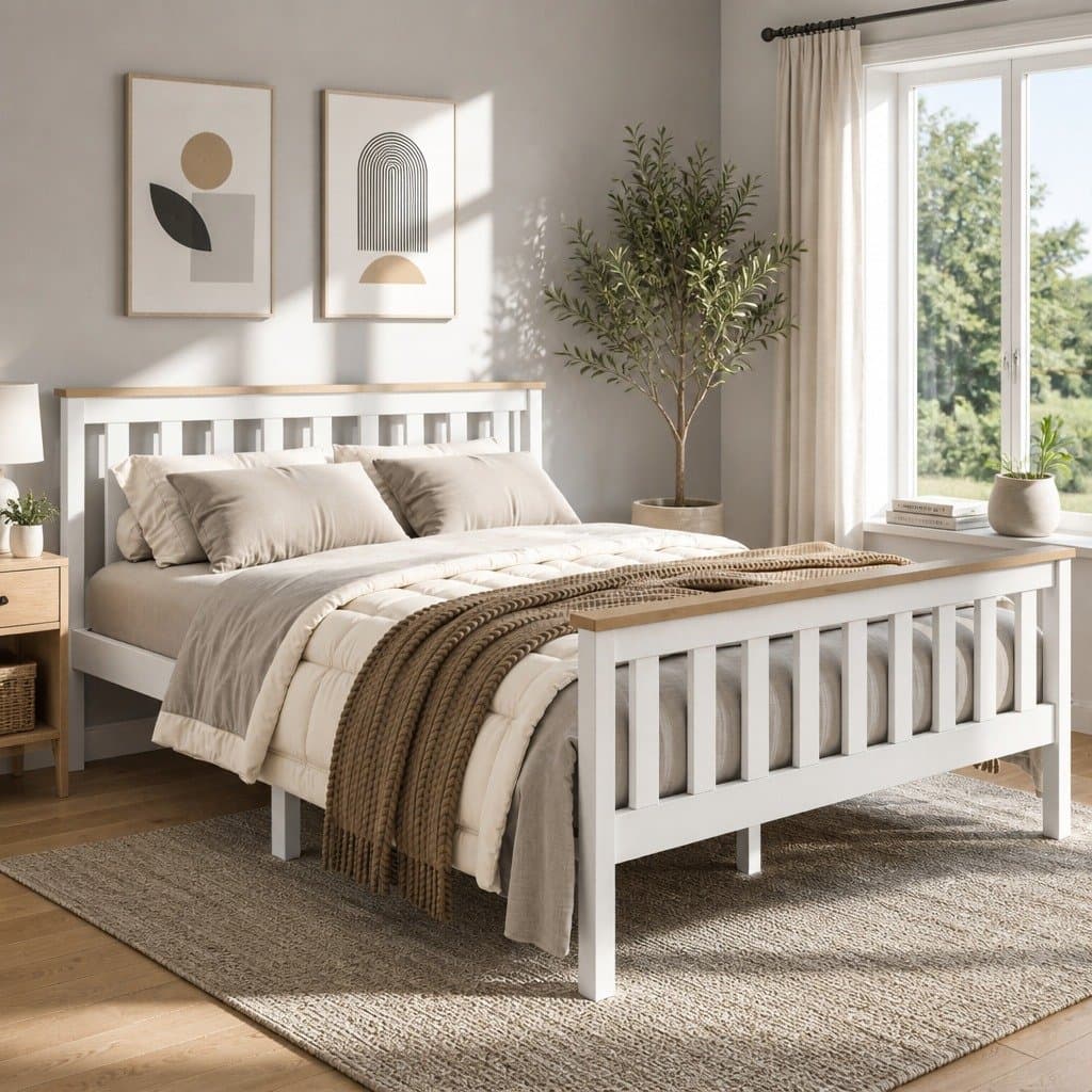White Wooden Double Bed Frame with Slat Base