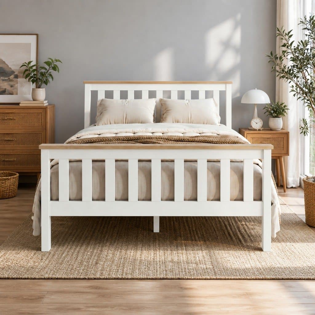 White Wooden Double Bed Frame with Slat Base