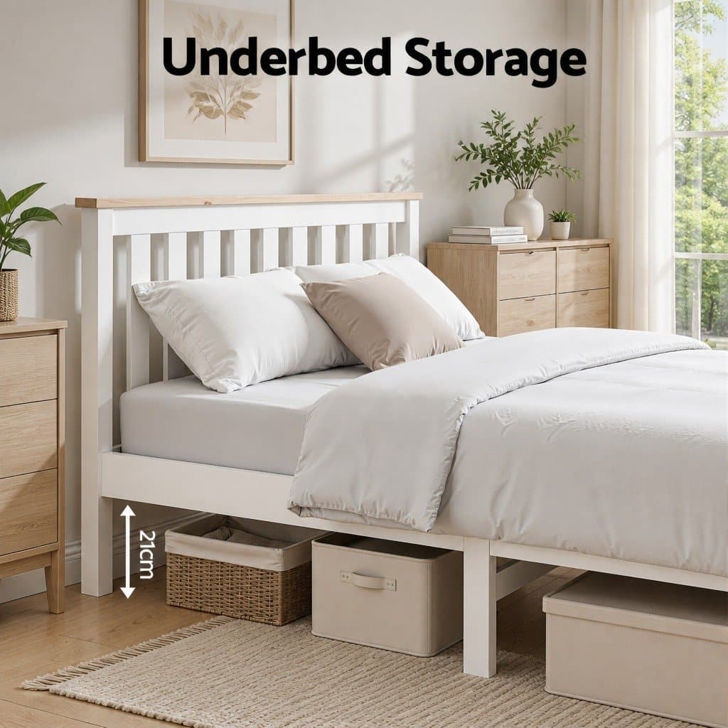 White Wooden Double Bed Frame with Slat Base