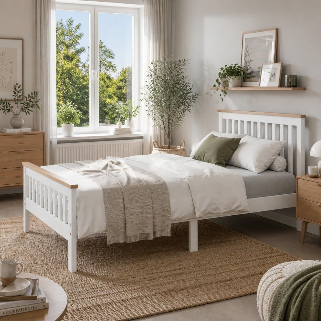 White Wooden Double Bed Frame with Slat Base