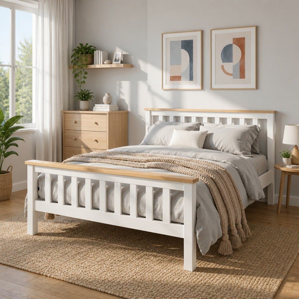 White Wooden Double Bed Frame with Slat Base