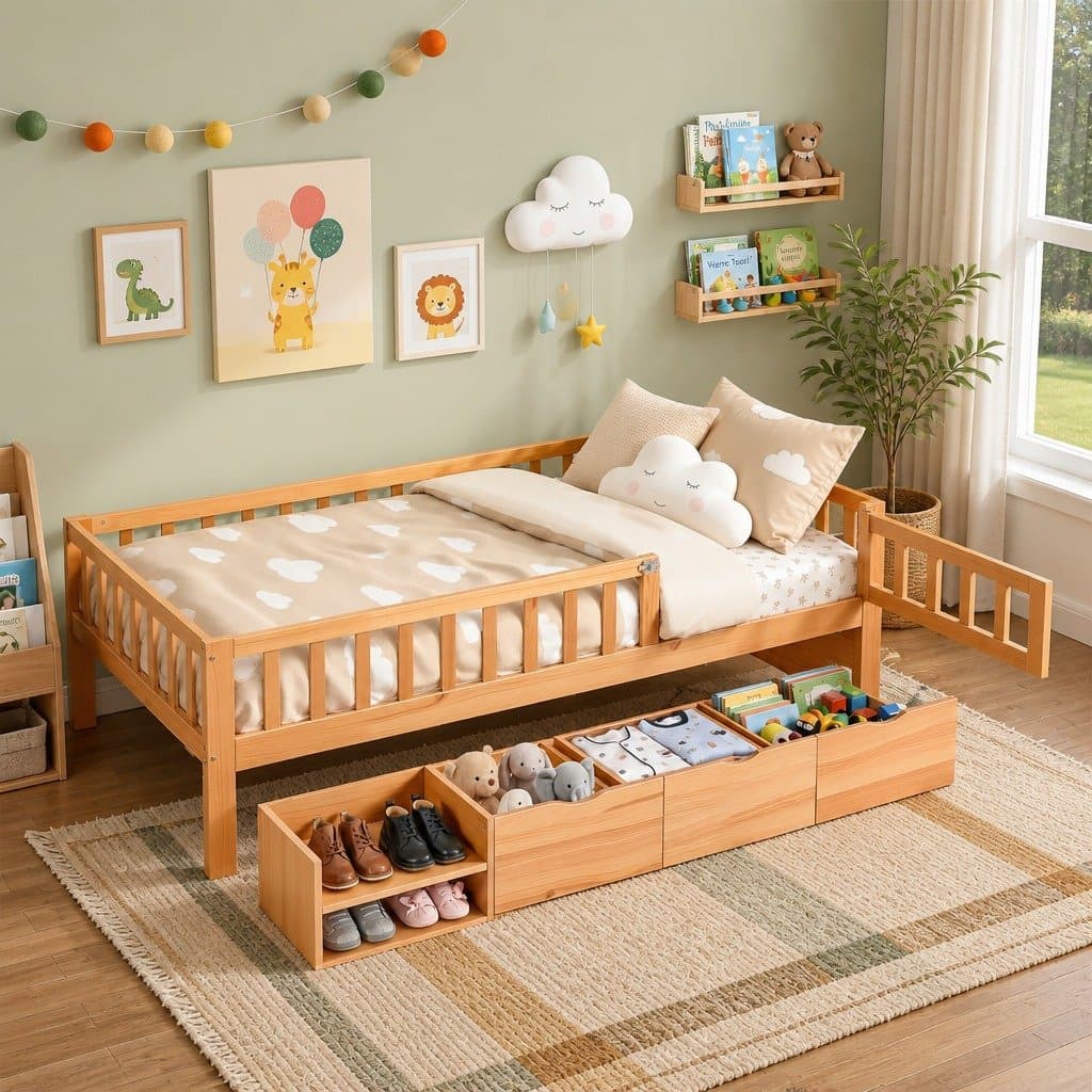 Toddler Single Bed Frame with Safety Rail and Storage