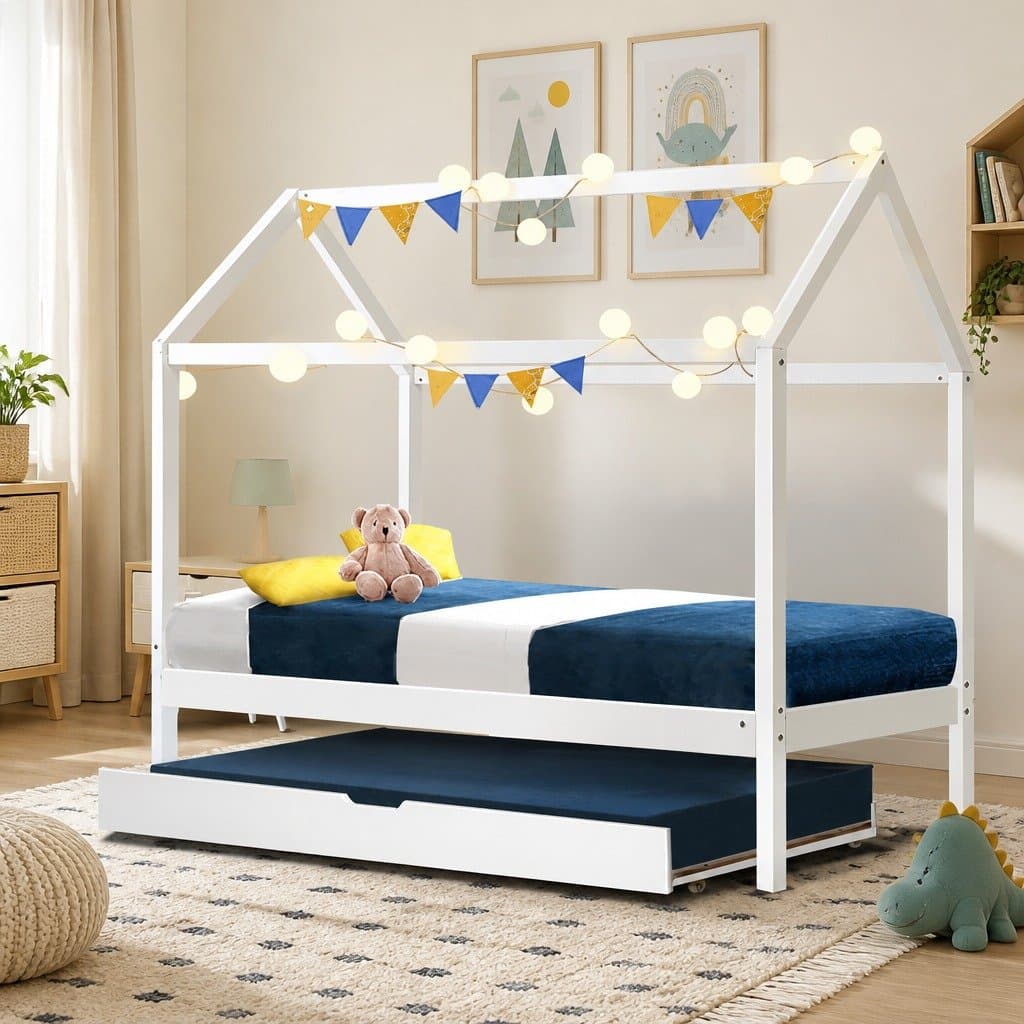 Kids House Bed Frame in White with Trundle