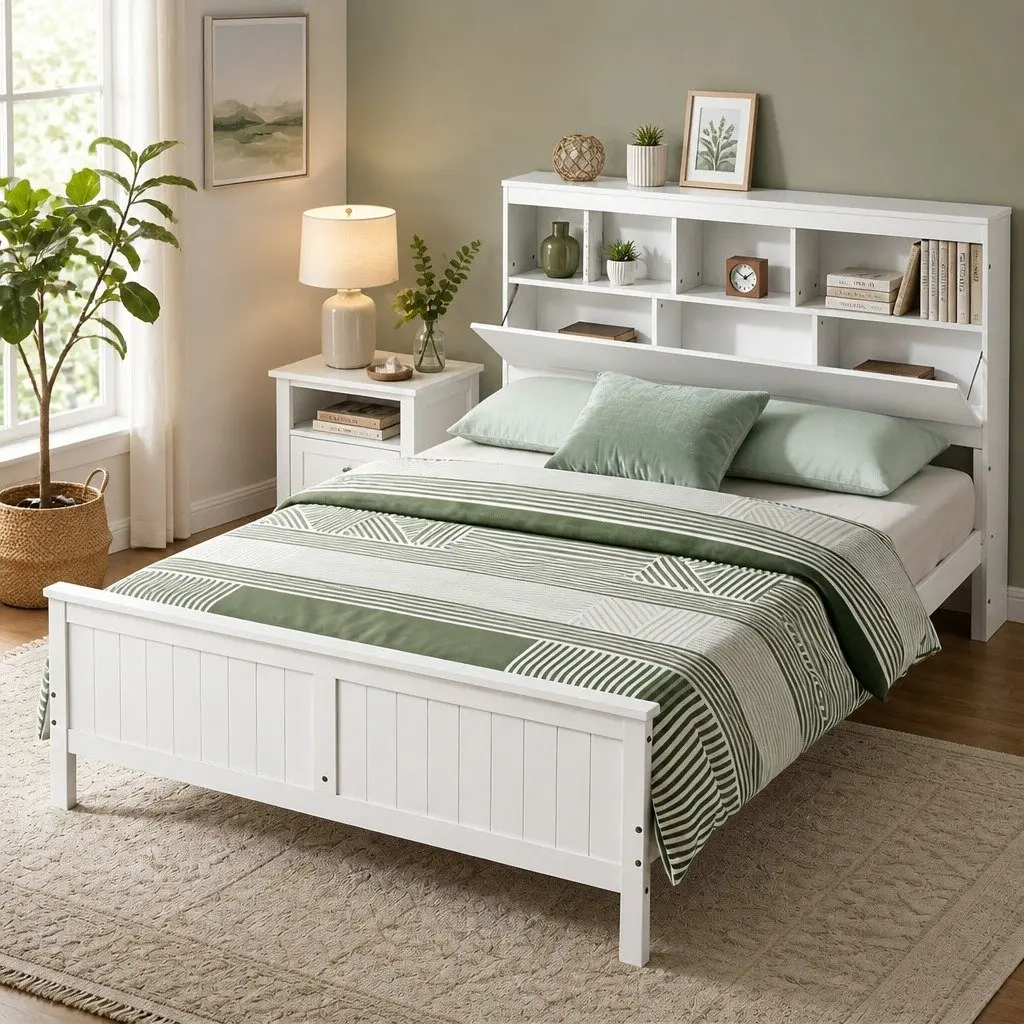 White Wooden Queen Bed Frame with Storage Headboard